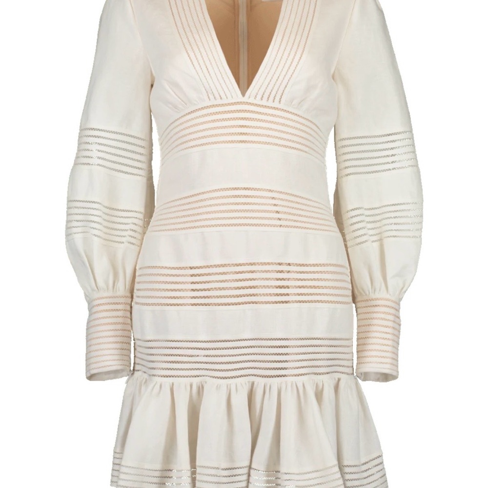 Zimmermann Corsage Linear Mini Resort Collection V-Neck Eyelet Detail Mini Dress